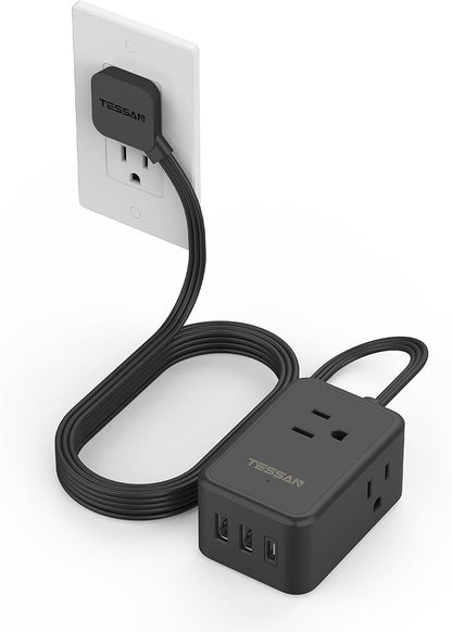 Flat Black Extension Cord, TESSAN Ultra Thin Power Strip by TESSAN