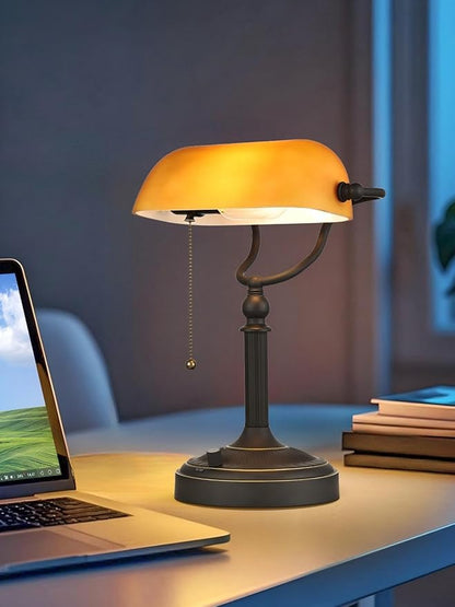 Newrays Matted Amber Glass Bankers Desk Lamp, Stepless Dimmable Table Lamp Plug - Image 4