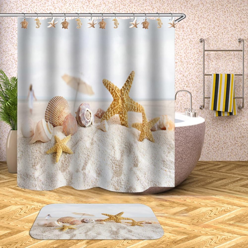 YUKUNTANG Seashell Shower Curtain Hooks, 12 Pcs Anti Rust Decorative Resin Shower Curtain Rings for Bathroom Bedroom Baby Room Decoration (Brown Seashell 5)
