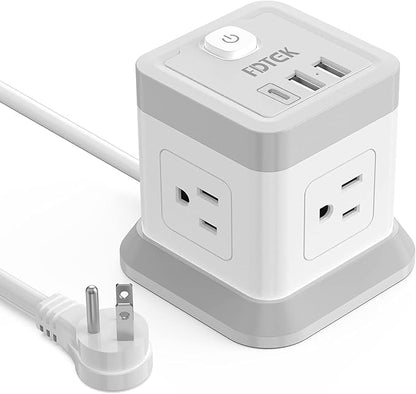 Power Strip with USB, FDTEK Flat Plug Extension Cord with 4 Outlets and 3 USB by FDTEK