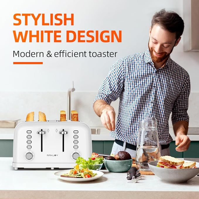 White Toaster 4 Slice, Dual Independent Controls, Extra Wide Slot Toasters - Image 2