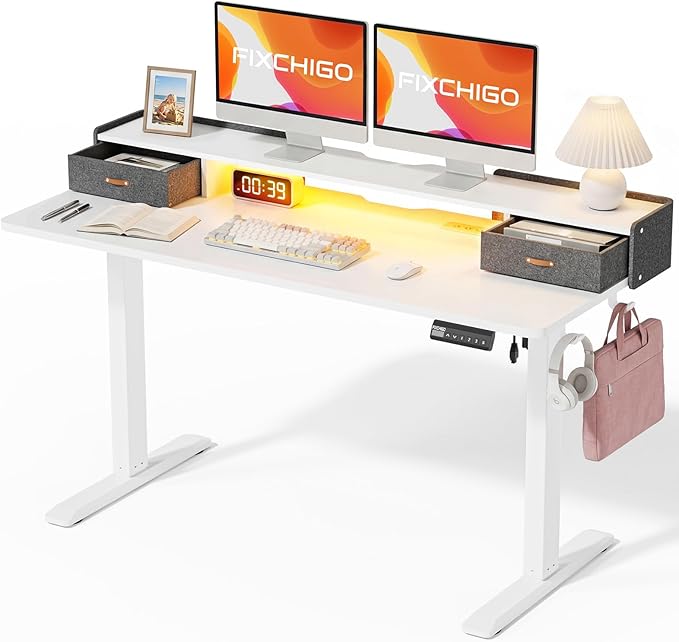 Electric Standing Desk with Drawers, 55 Inch Height Adjustable Desk with Power by Unknown