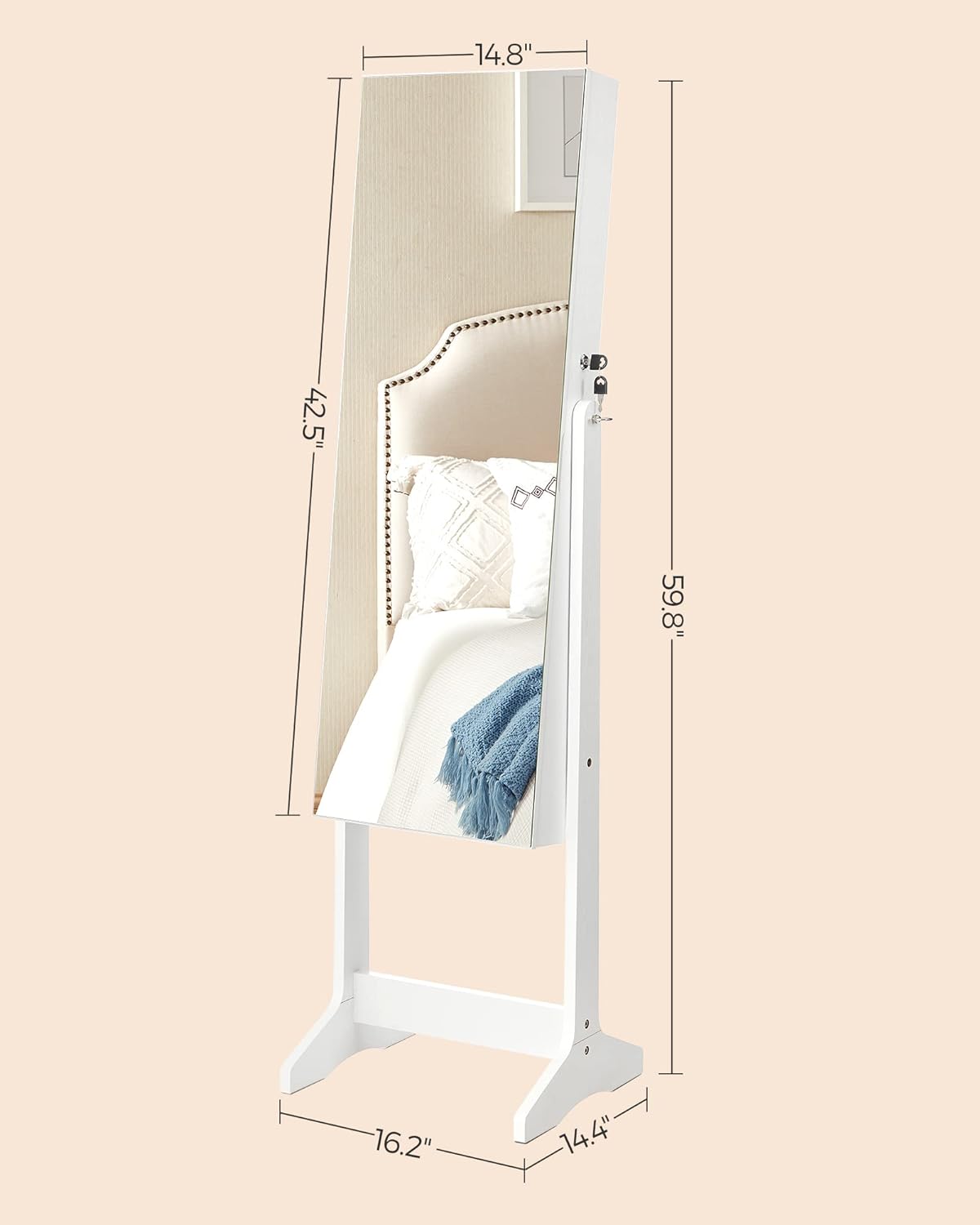 SONGMICS LED Jewelry Cabinet Standing, Lockable Armoire | Freestanding Storage Organizer with 2 Plastic Cosmetic Storage, Full-Length Mirror, for Necklace Earring, White UJJC002W01