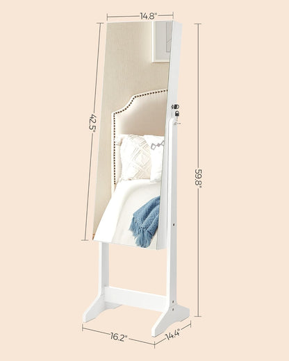 SONGMICS LED Jewelry Cabinet Standing, Lockable Armoire | Freestanding Storage Organizer with 2 Plastic Cosmetic Storage, Full-Length Mirror, for Necklace Earring, White UJJC002W01