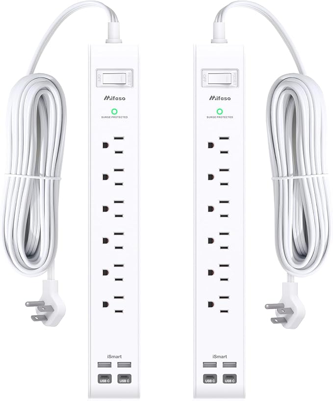 2 Pack Power Strip, 12FT Long Extension Cord, Surge Protector by Mifaso