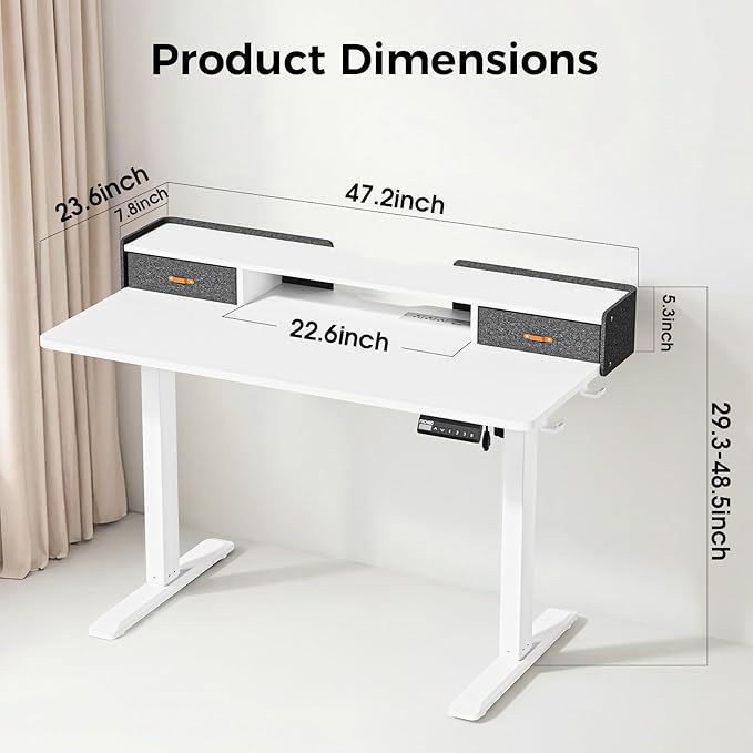 Electric Standing Desk with Drawers, 48 Inch Height Adjustable Desk with Power - Image 2