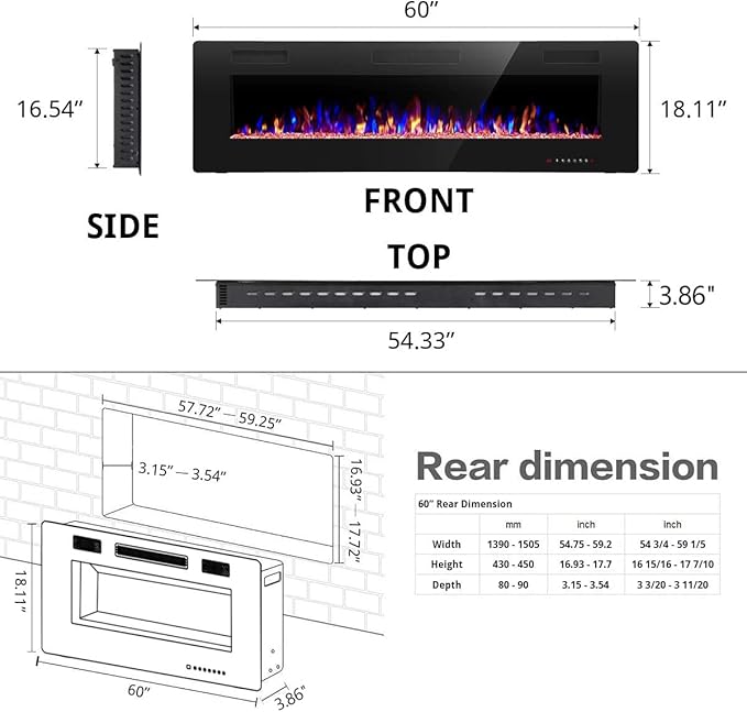 R.W.FLAME 60" Recessed and Wall Mounted Electric Fireplace, Low Noise, Fit - Image 4