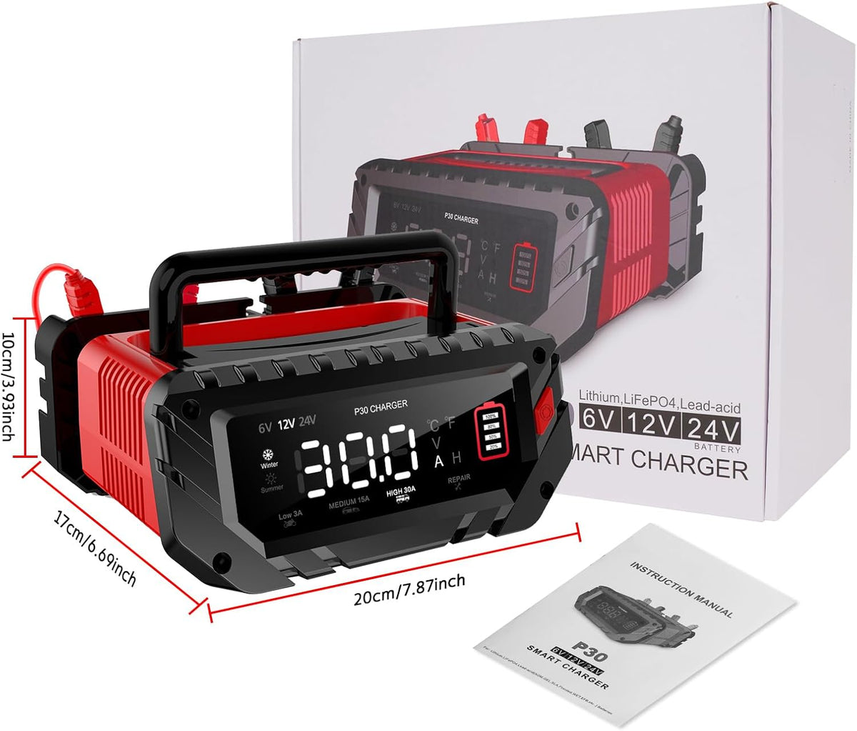 30 Amp 6V/12V/24V Smart Trickle Charger, Car Battery Charger, Lithium, Lifepo...