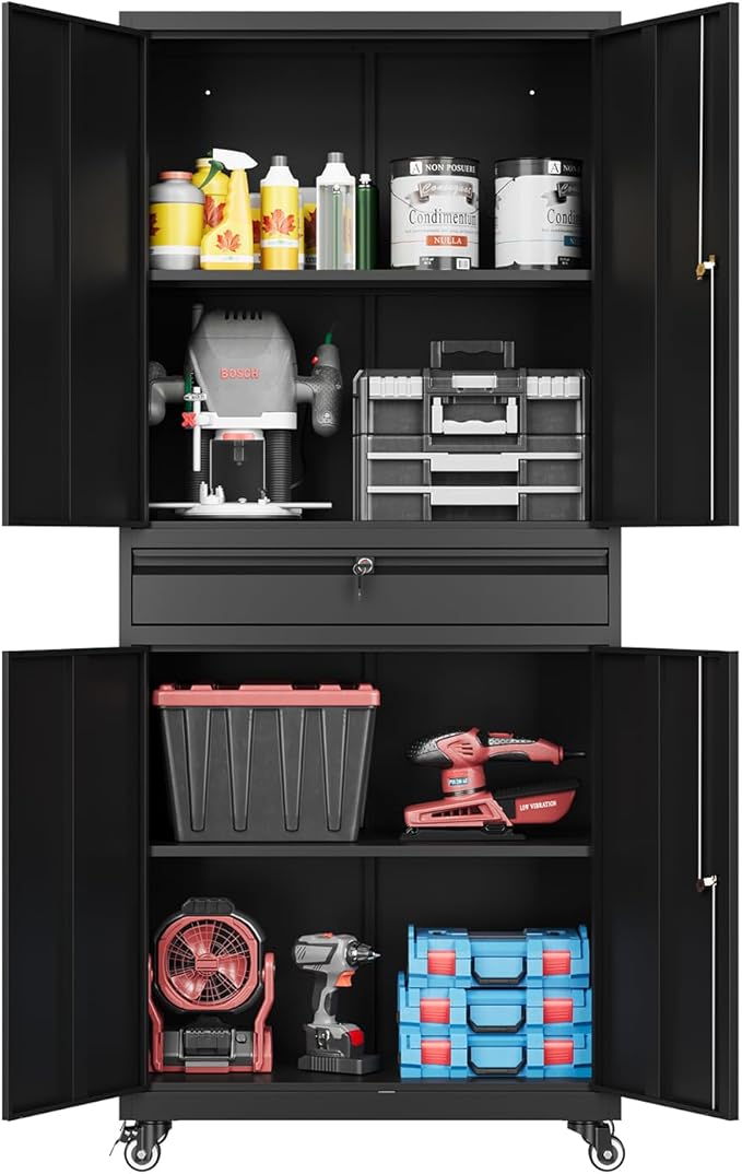 73" Metal Cabinet-Black Heavy Duty Rolling Storage Cabinet Steel Tool Cabinets by Fesbos