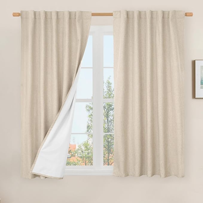 LAMIT Natural 100% Blackout Linen Curtains, 45 Inches Linen Textured Thermal by LAMIT