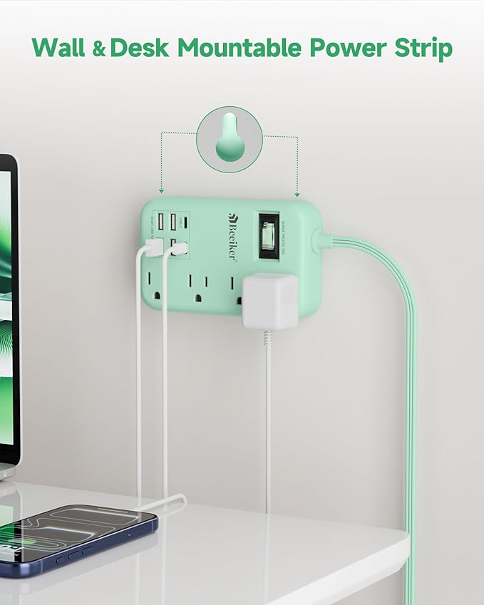 6 USB Green Travel Power Strip- 5Ft Green Extension Cord - Image 5