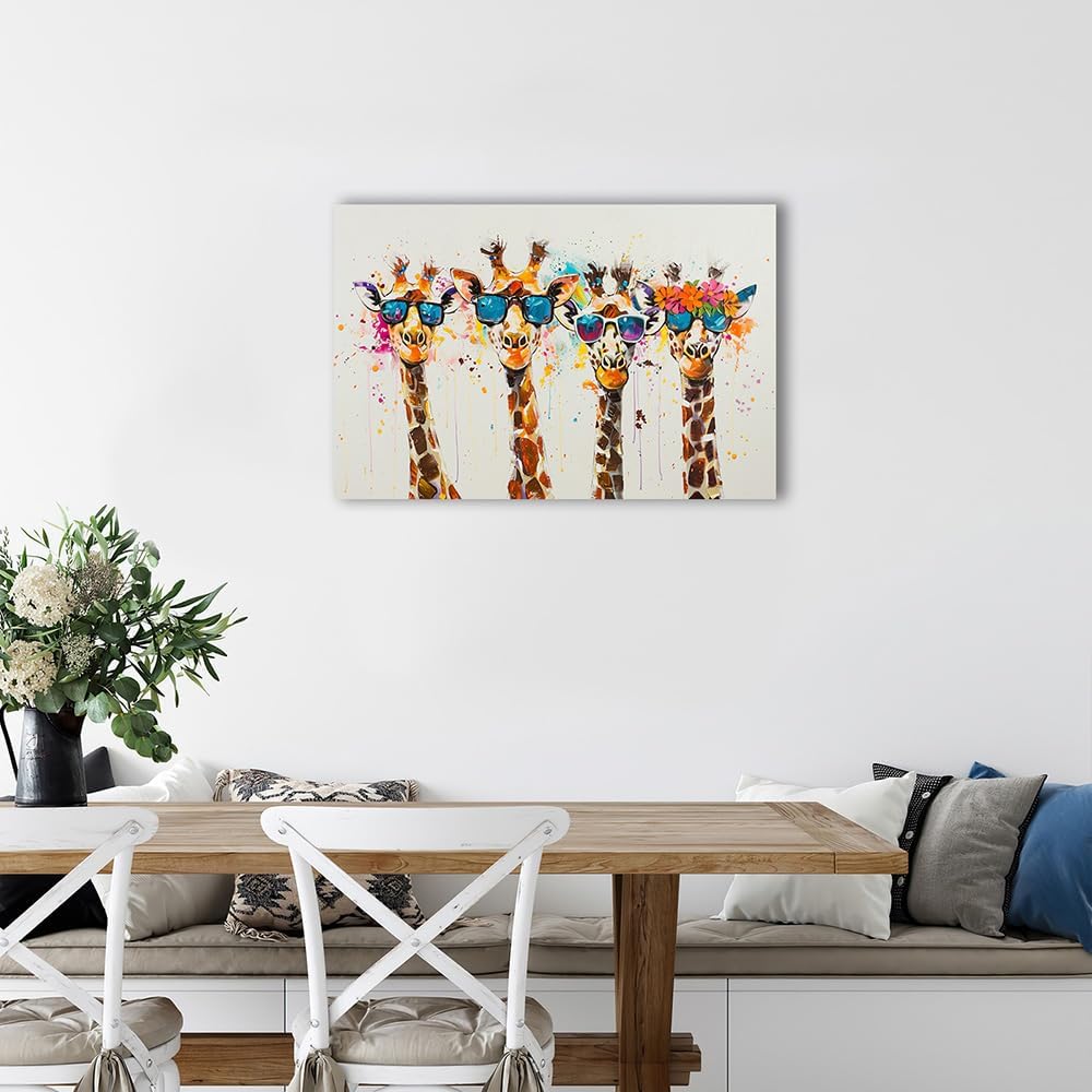 Ypxzzj Framed Cute Giraffes Canvas Wall Art Colorful Animal Posters Prints Pictures Wall Decor Modern Graffiti Painting Artwork for Living Room Bathroom Decor Ready to Hang(36''x24'')