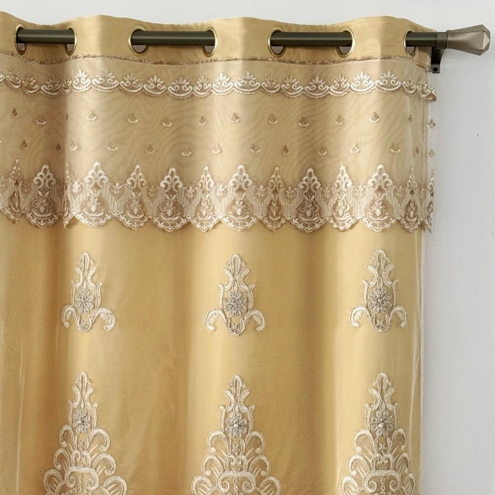 Amidoudou 1 Pair European Double Layer Curtains with Valances for Living Room Bedroom Luxury 3D Flower Embroidered Curtains (Yellow,52x84 Inch)