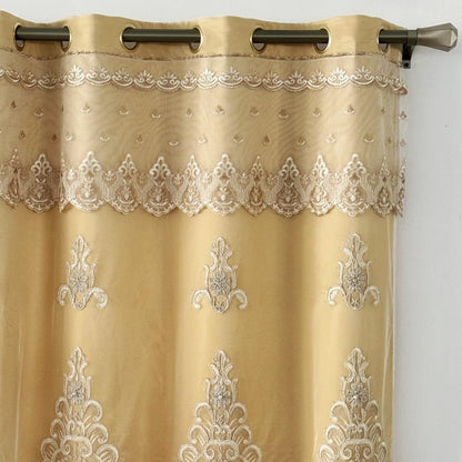 Amidoudou 1 Pair European Double Layer Curtains with Valances for Living Room Bedroom Luxury 3D Flower Embroidered Curtains (Yellow,52x84 Inch)