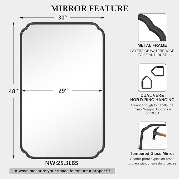 White 30"x48" Bathroom Mirror for Wall, Large Bathroom Vanity Mirror, Rounded - Image 5