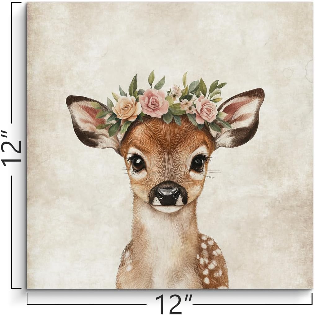 ORIDOMY Cute Deer Wall Art for Baby Nursery Wildlife Deer Wearing Wreath Wall Pictures Vintage Animal Portrait Photo Painting for Farmhouse Bedroom Bathroom Home Office Decor Kids Gifts 12"x12"
