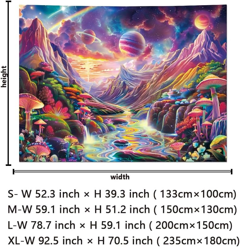 Lahasbja Blacklight Galaxy Planet Tapestry UV Reactive Mushroom Wall Hanging Fantasy Starry Stars Mountain Landscape Blacklight Poster Rainbow River Scenery Background for Bedroom