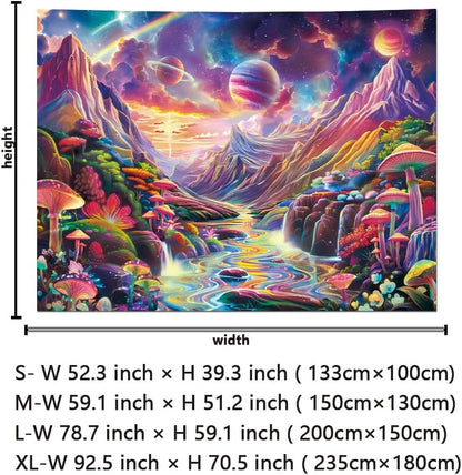 Lahasbja Blacklight Galaxy Planet Tapestry UV Reactive Mushroom Wall Hanging Fantasy Starry Stars Mountain Landscape Blacklight Poster Rainbow River Scenery Background for Bedroom