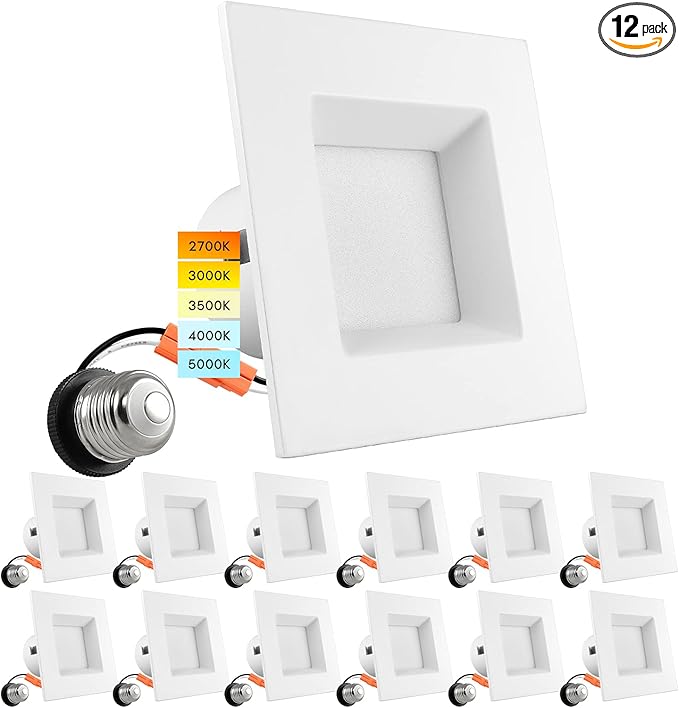 LUXRITE 12 Pack 4 Inch Square Recessed LED Can Lights, CCT Color Temperature by LUXRITE