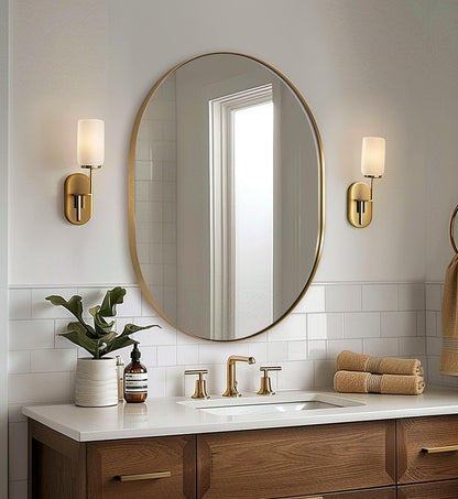Oval Bathroom Mirror, 24x32’’ Gold Oval Mirror Pill-Shaped Design in Stainless Steel Metal Frame for Bathroom, Entryway, Living Room, Contemporary 1" Deep Wall Mount Vertical or Horizontal