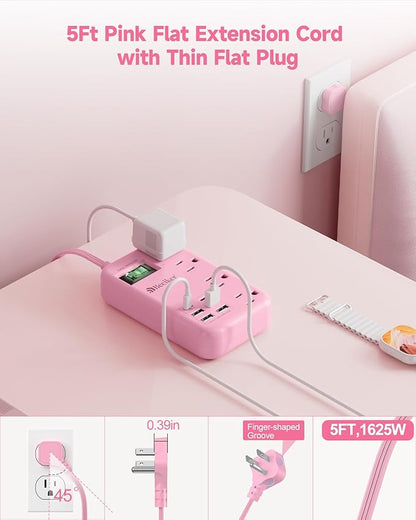6 USB Pink Extension Cord- 5Ft Travel Power Strip - Image 4