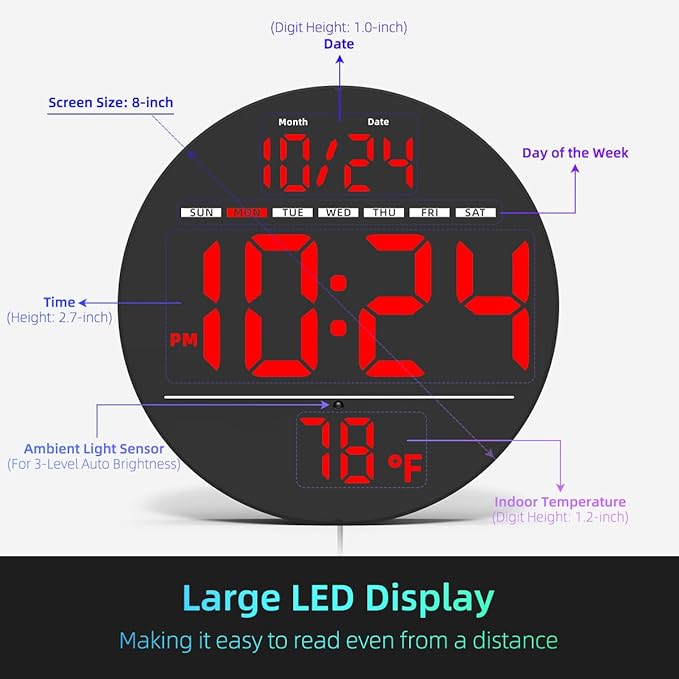 Digital Wall Clock with Large LED Display, Temperature, Auto-Brightness | Small - Image 3