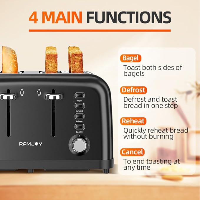 Black Toaster 4 Slice, Dual Independent Controls, Extra Wide Slot Toasters - Image 5