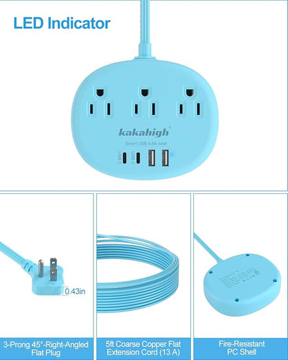 Blue Extension Cord with Surge Protected 1080J - 5 FT Flat Extension Cord - Image 6