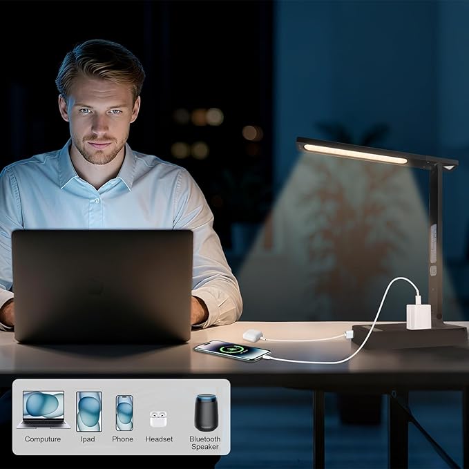 snsok Smart Desk Lamp with Dual USB Charging & 2 AC Outlets, Digital Clock - Image 4
