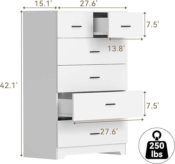 Dresser with Power Outlets Wooden 6 Drawer Dresser with Large Organizer White - Image 3