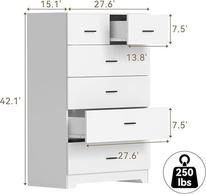 Dresser with Power Outlets Wooden 6 Drawer Dresser with Large Organizer White - Image 3