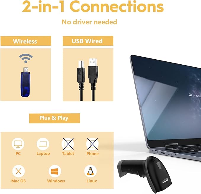 NADAMOO Wireless Barcode Scanner 328 Feet Transmission Distance USB Cordless 1D - Image 2