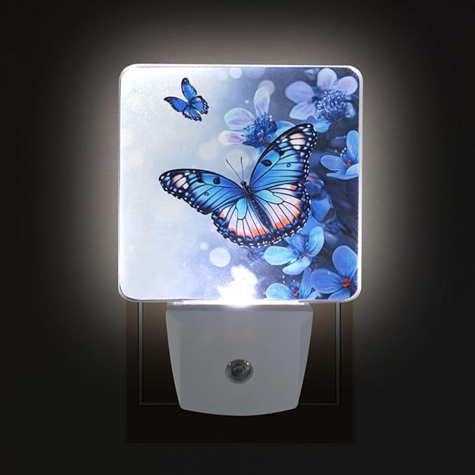 Pigsaly Led Night Light Flowers Blue Butterfly Night Light Plug in Wall Lamp - Image 4