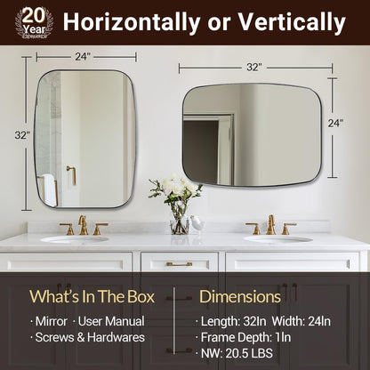 Brass Bathroom Mirror, 24x32’’ Brushed Gold Metal Frame Oblong Mirror for Bathroom, Modern Gold Oval Bathroom Mirror for Over Sink, Hangs Horizontal or Vertical