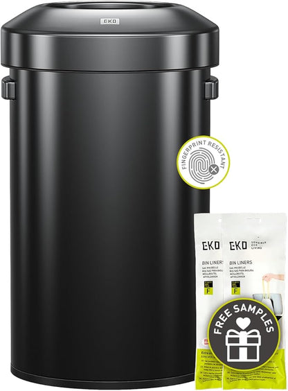 EKO 16-Gallon Round Black Stainless Steel Open Top Trash Can, Large Commercial by EKO