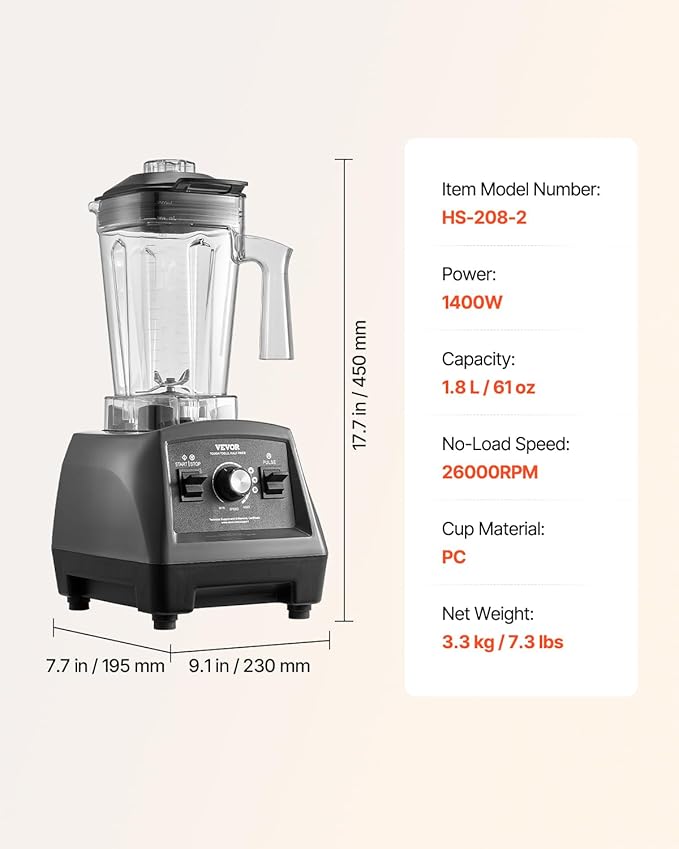 VEVOR Blender for Smoothies, 61 oz 1400W, Professional Blender - Image 7