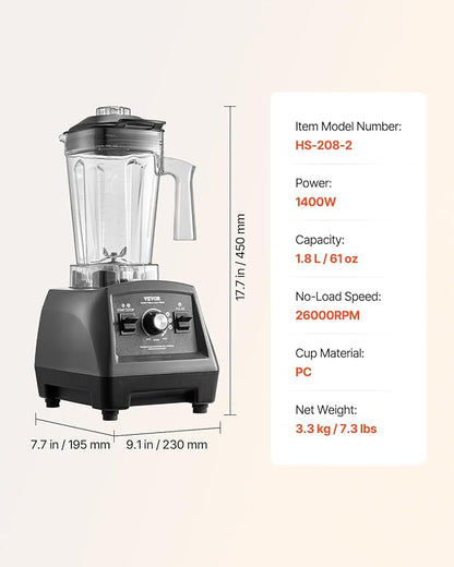 VEVOR Blender for Smoothies, 61 oz 1400W, Professional Blender - Image 7