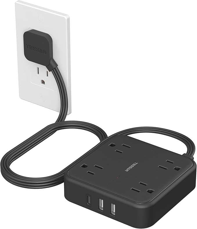 Surge Protector Flat Extension Cord 5FT, TESSAN Flat Plug Power Strip by TESSAN