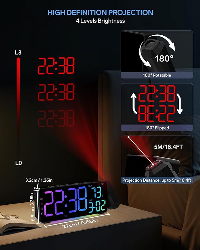 EVILTO Projection Alarm Clocks, RGB Desk Clock - Image 2