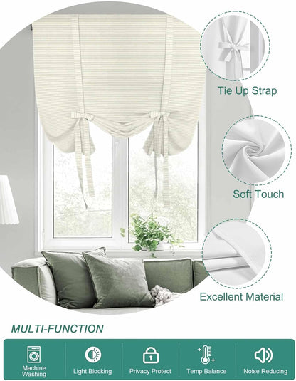 Beige Stripes Seamless Tie Up Curtains for Windows, Modern Minimalist Art Rod Pocket Window Shade Adjustable Balloon Curtain Valance for Bedroom Kitchen Bathroom Blinds 34x45in