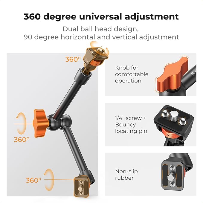 K&F CONCEPT 11" Magic Arm 1/4" Screw 360° Ball Heads Articulating Friction - Image 3