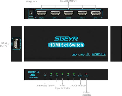 HDMI Switch SGEYR 5x1 HDMI Switcher 5 in 1 Out HDMI Selector 5 Port Box - Image 2
