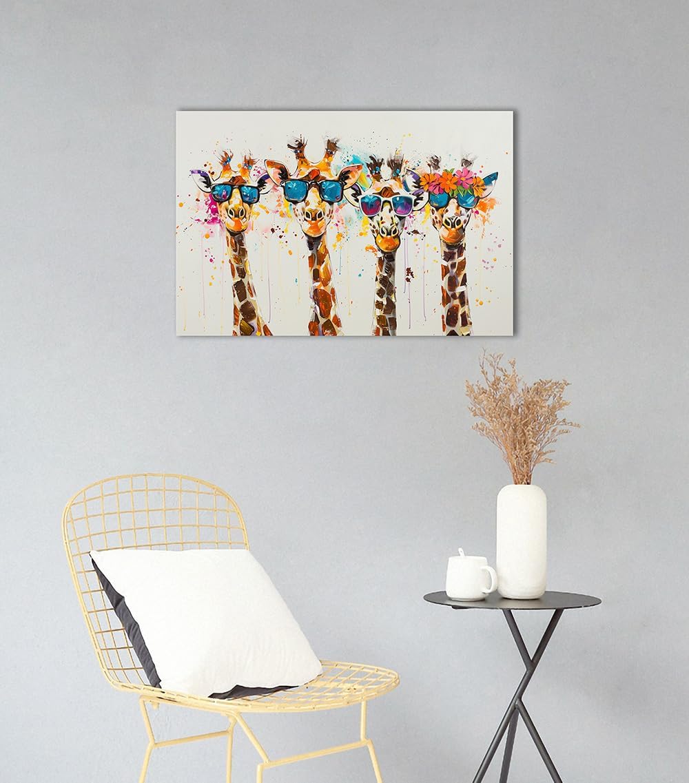 Ypxzzj Framed Cute Giraffes Canvas Wall Art Colorful Animal Posters Prints Pictures Wall Decor Modern Graffiti Painting Artwork for Living Room Bathroom Decor Ready to Hang(36''x24'')