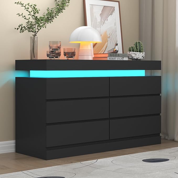 6 Drawer Dresser with Power Outlet, Dresser with LED Light, Modern Chest of by Gyfimoie