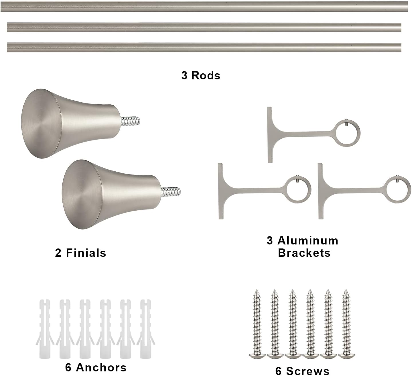 1Inch Single Curtain Rods, Decorative Drapery Rods Adjustable 84-120IN Length, With Horn Finials, Wall Mount and Ceiling Mount, Matte Nickel