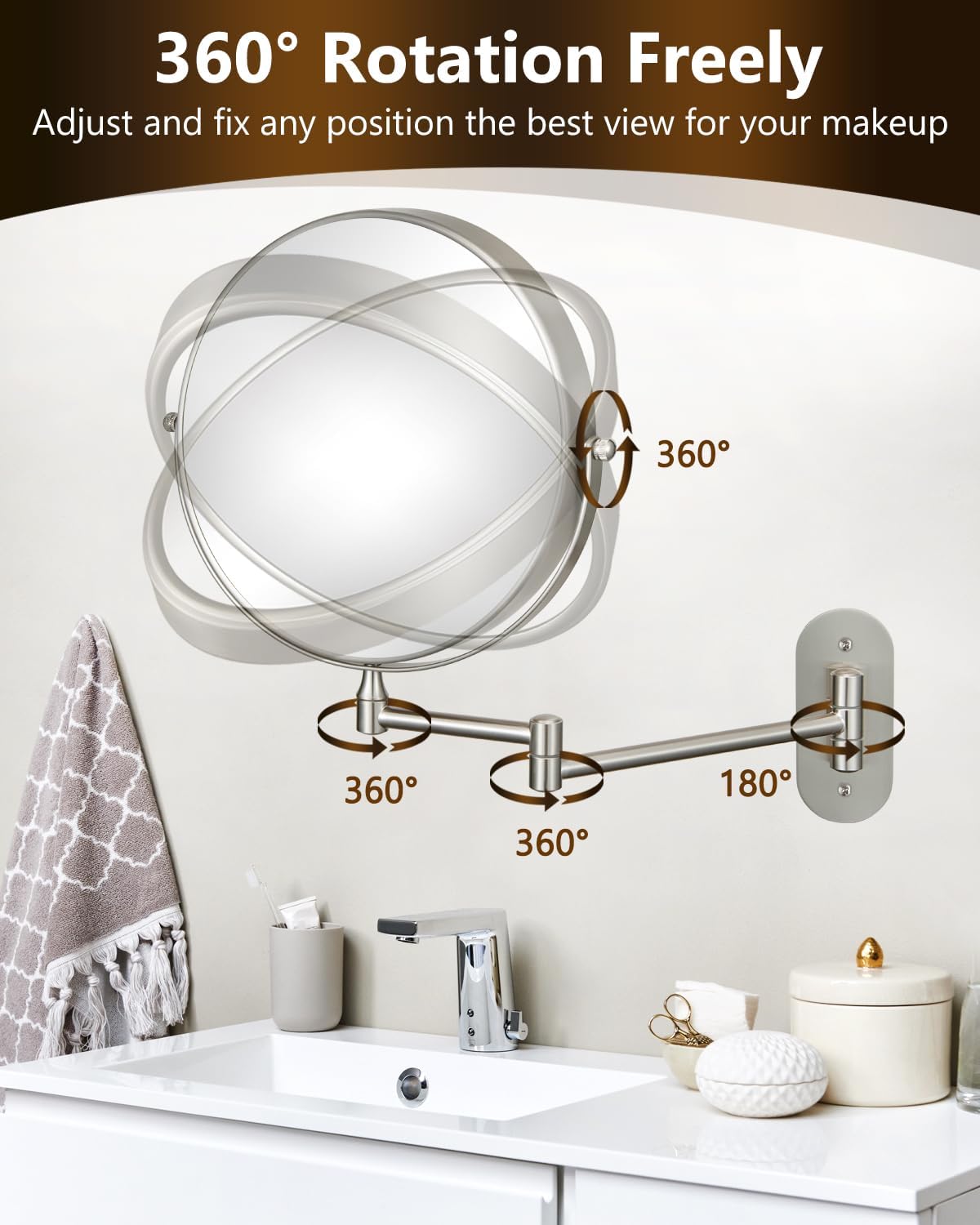 DECLUTTR 9 Inch Wall Mounted Makeup Mirror, 15X Magnification Double Sided Swivel Extendable Bathroom Mirror