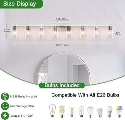8-Light Brushed Nickel Vanity Light Fixtures, Modern Large Bathroom Light - Image 3