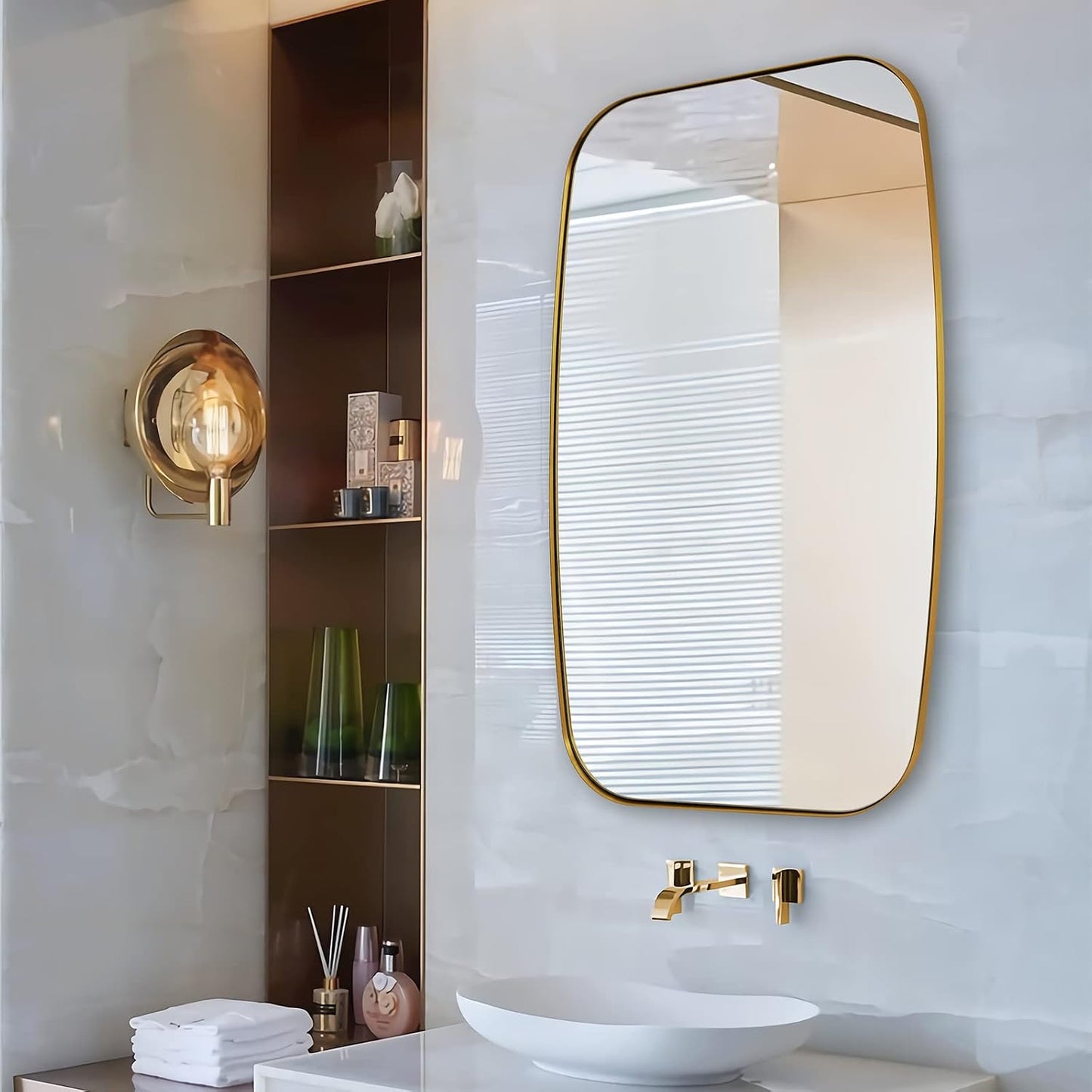 Brass Bathroom Mirror, 24x32’’ Brushed Gold Metal Frame Oblong Mirror for Bathroom, Modern Gold Oval Bathroom Mirror for Over Sink, Hangs Horizontal or Vertical