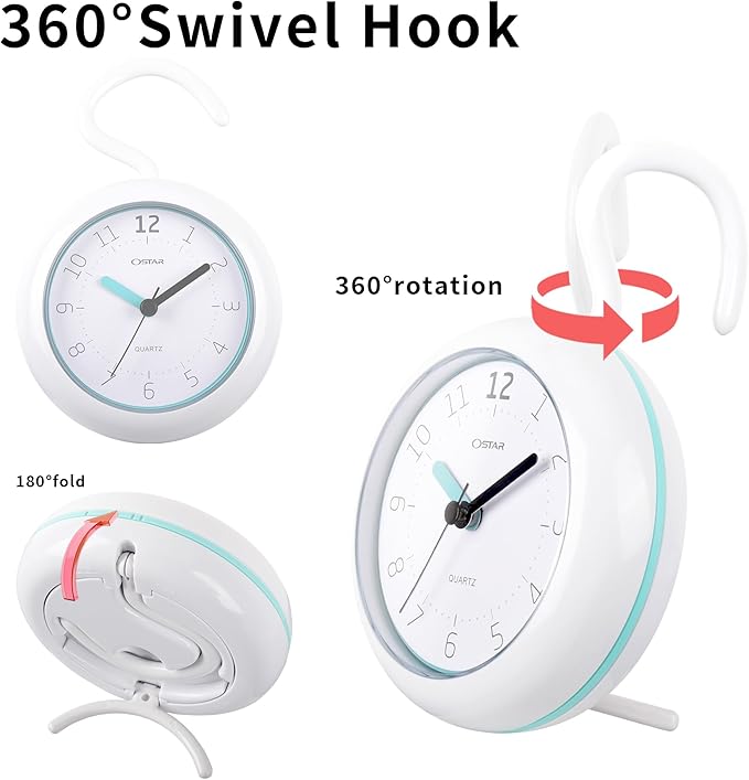 OSTAR Waterproof Bathroom Shower Clock, Analog Quartz Clock Hanging Stand Dual - Image 7