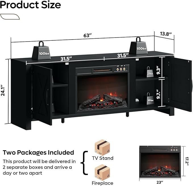 Bestier 63" Fireplace TV Stand for TVs Up to 70", Farmhouse Barn Door - Image 4